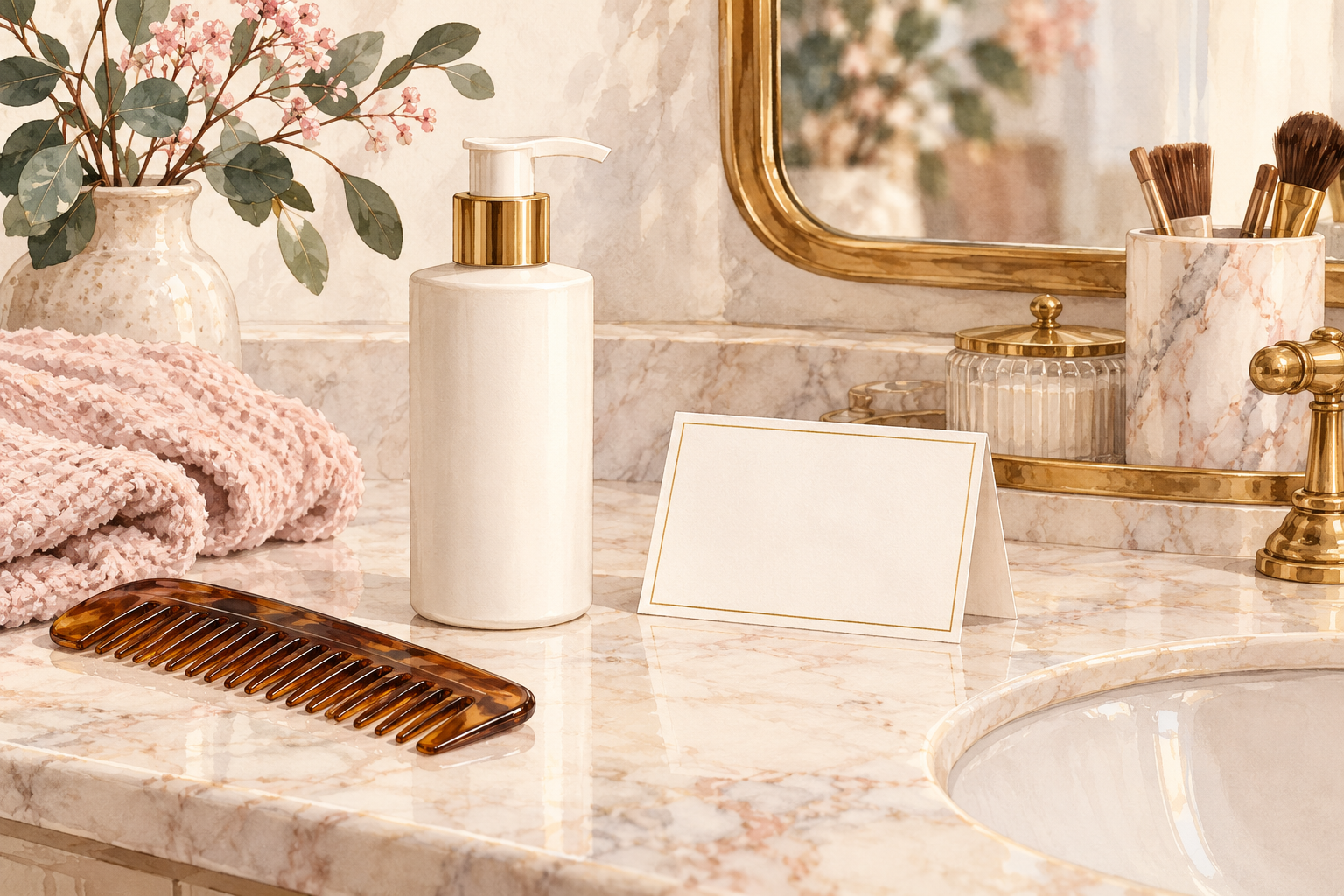 A plain treatment bottle and blank directions card sit beside a comb.