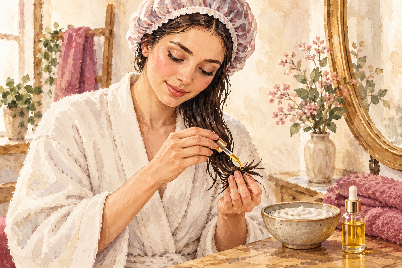 A treatment cap and mask bowl sit beside hands applying a few oil drops to hair ends.