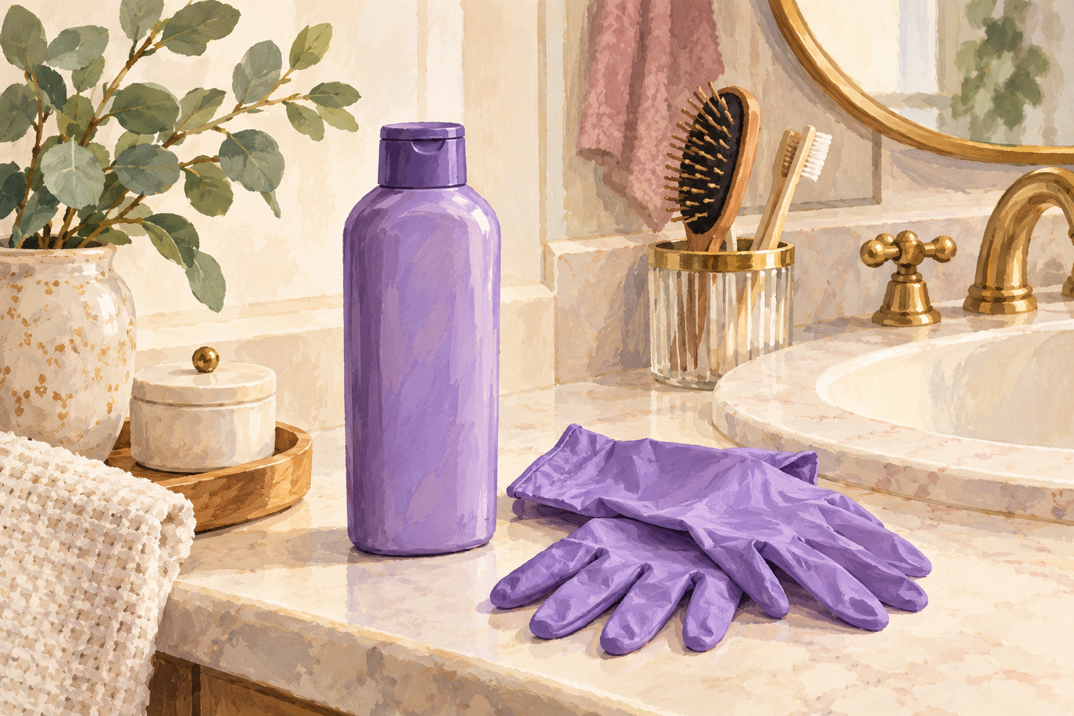 A purple-toned shampoo bottle and protective gloves sit beside a basin.