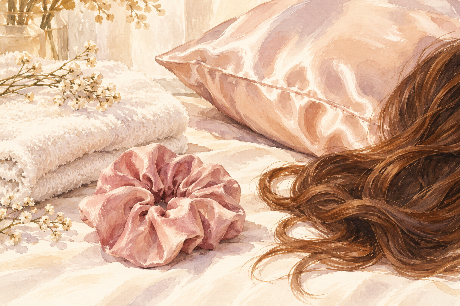 A loose scrunchie, satin pillowcase and soft towel sit beside hair lengths.
