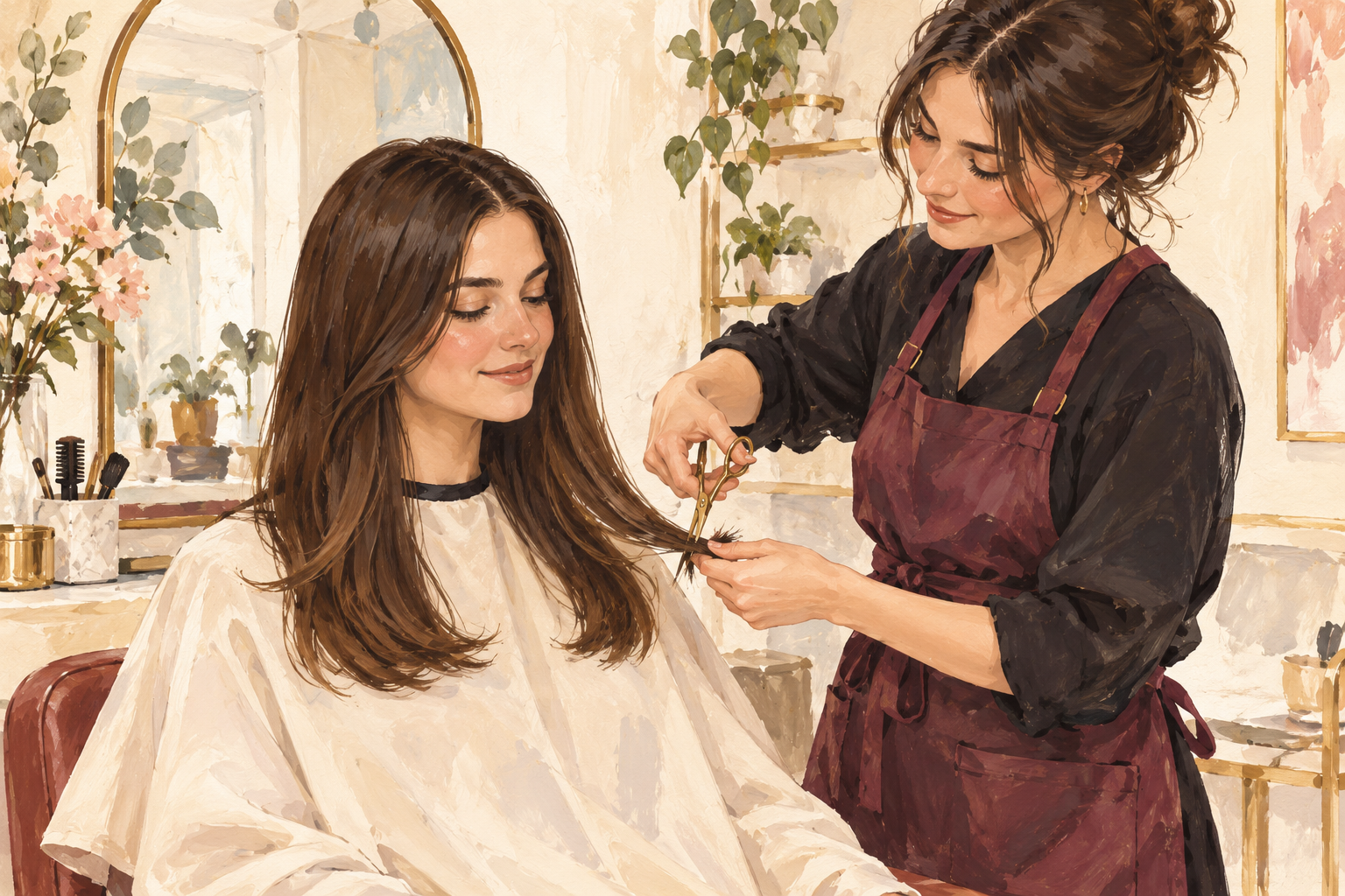 A stylist trims a tiny amount from the attached ends of a clothed client.