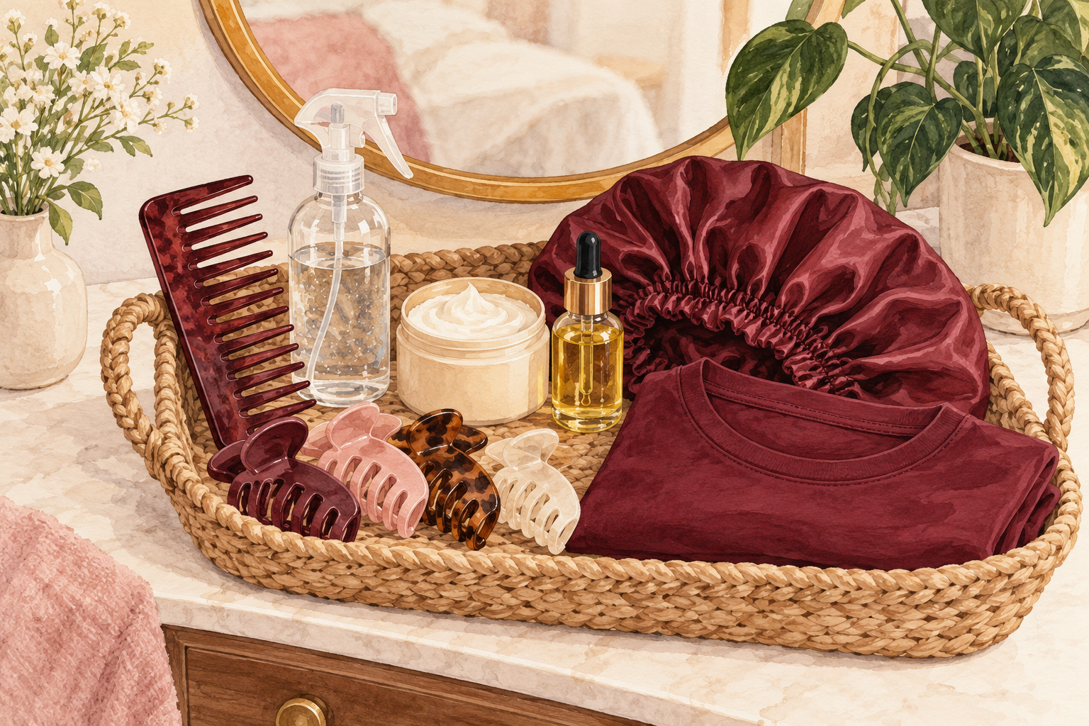 Gentle curl tools and plain products sit in a basket.