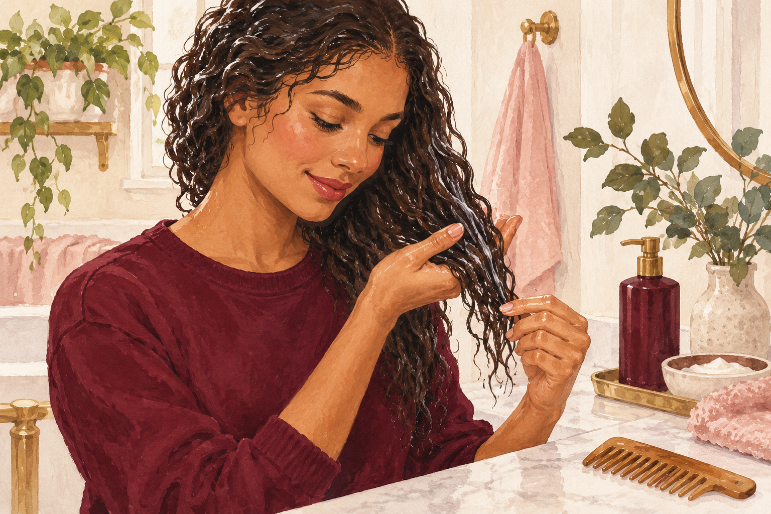 Fingers loosen conditioned ends while the hair is supported.