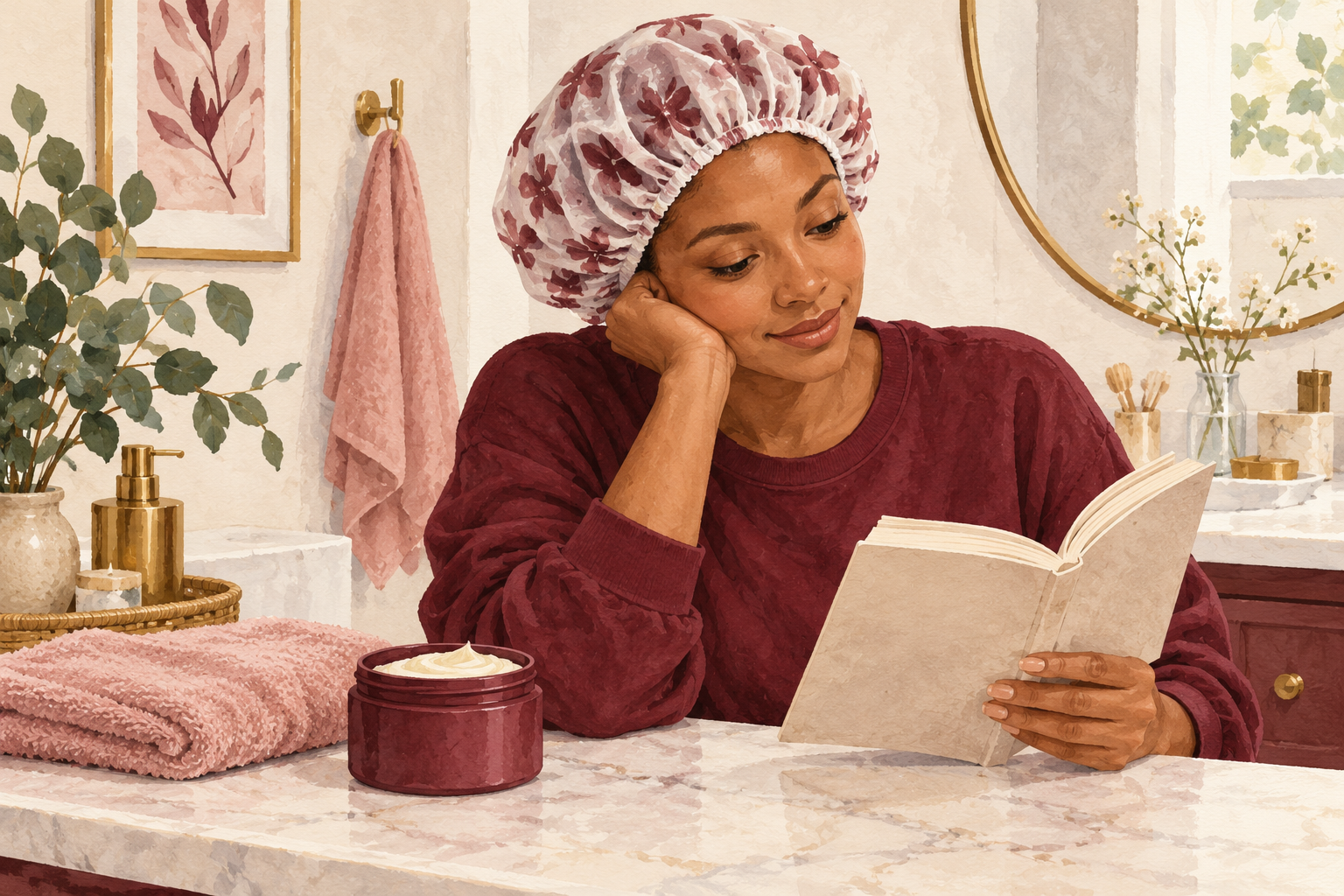A woman reads under a loose cap beside a conditioner jar and folded towel.
