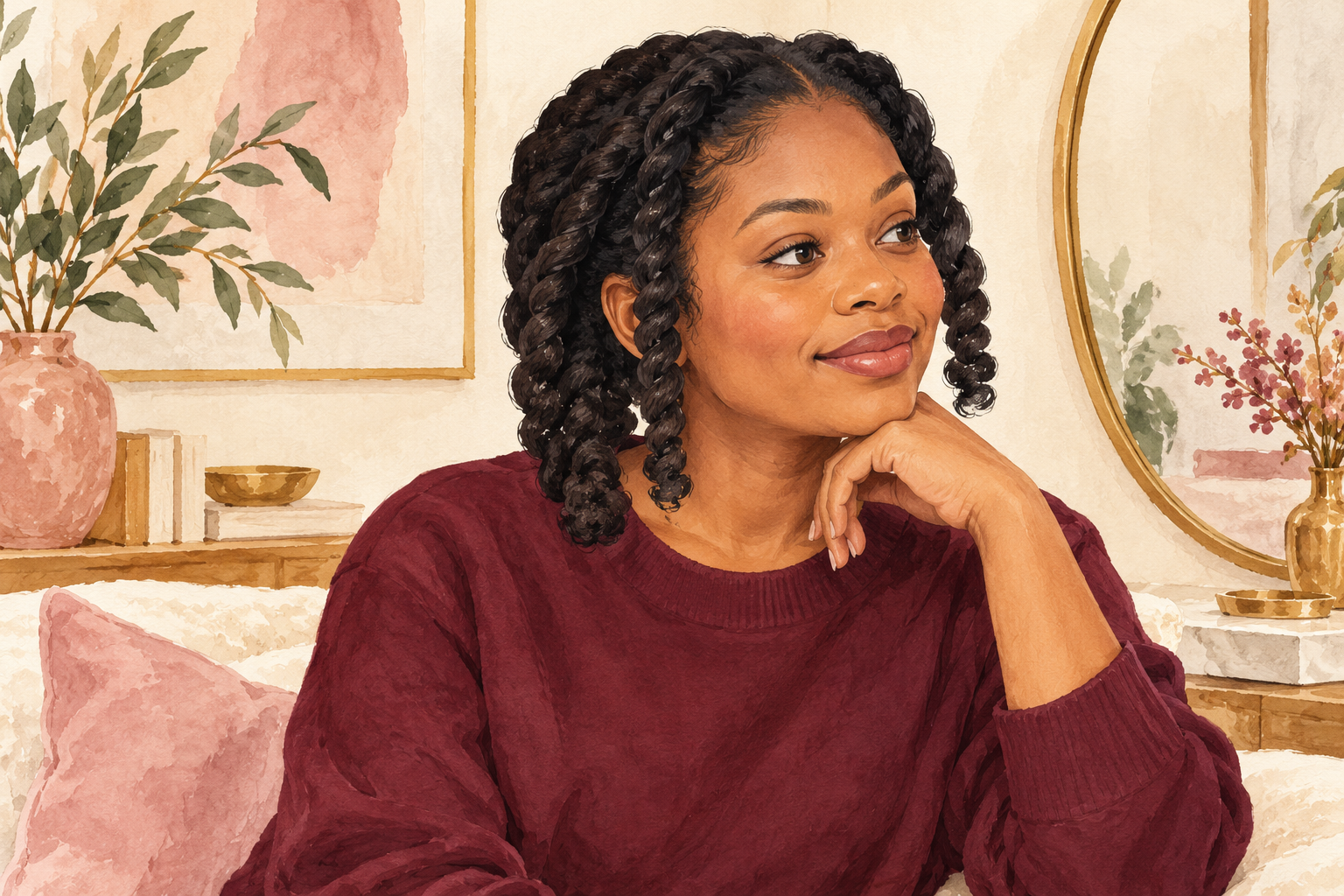 Loose chunky twists rest around a woman's head.