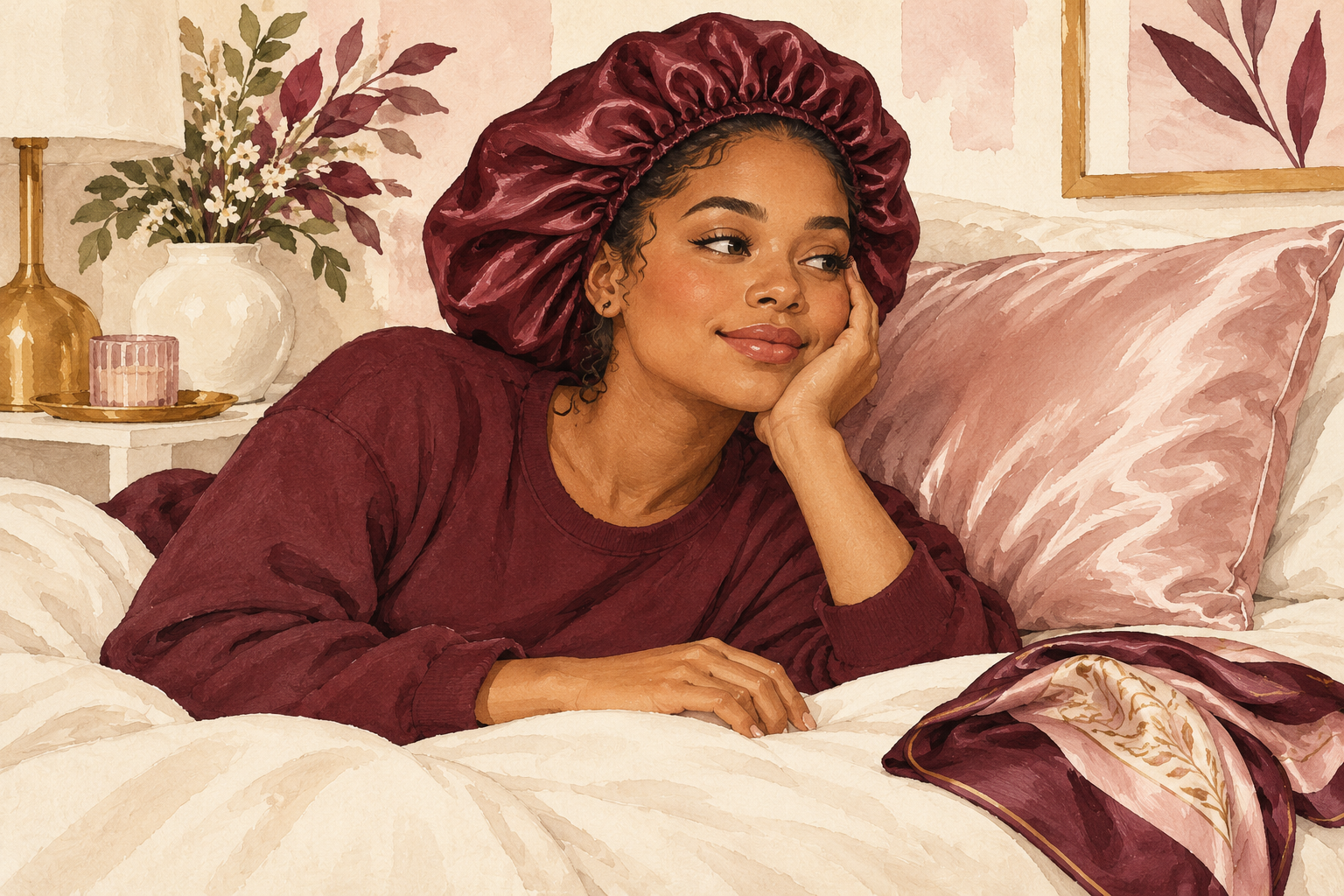 A woman wears a loose satin bonnet with a relaxed hairline.