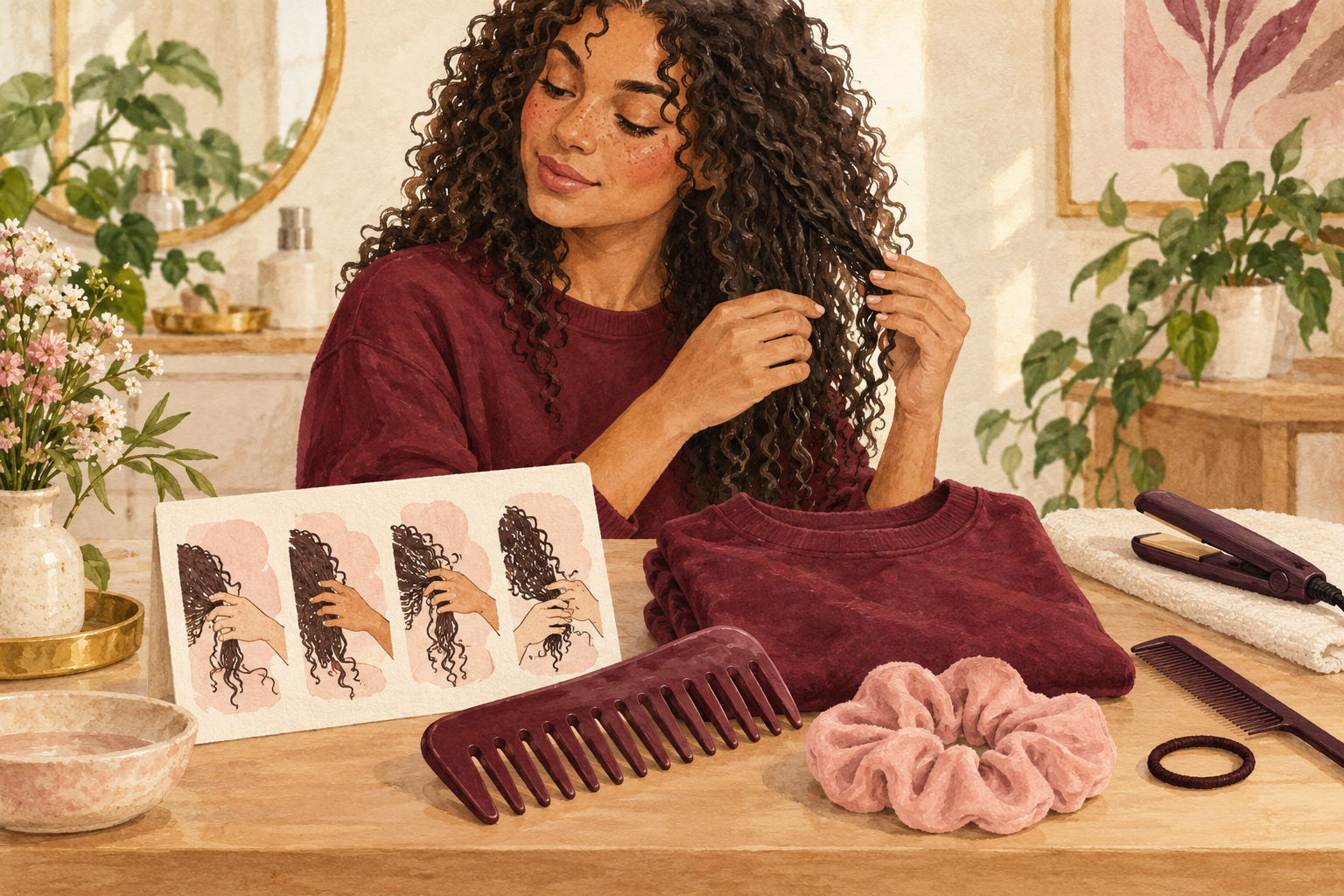 Gentle hair tools sit apart from a tight elastic and idle flat iron.