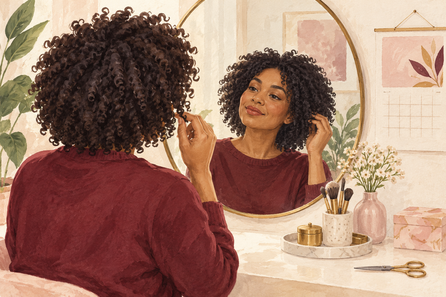 A woman observes her tight coils in a mirror beside a calendar.