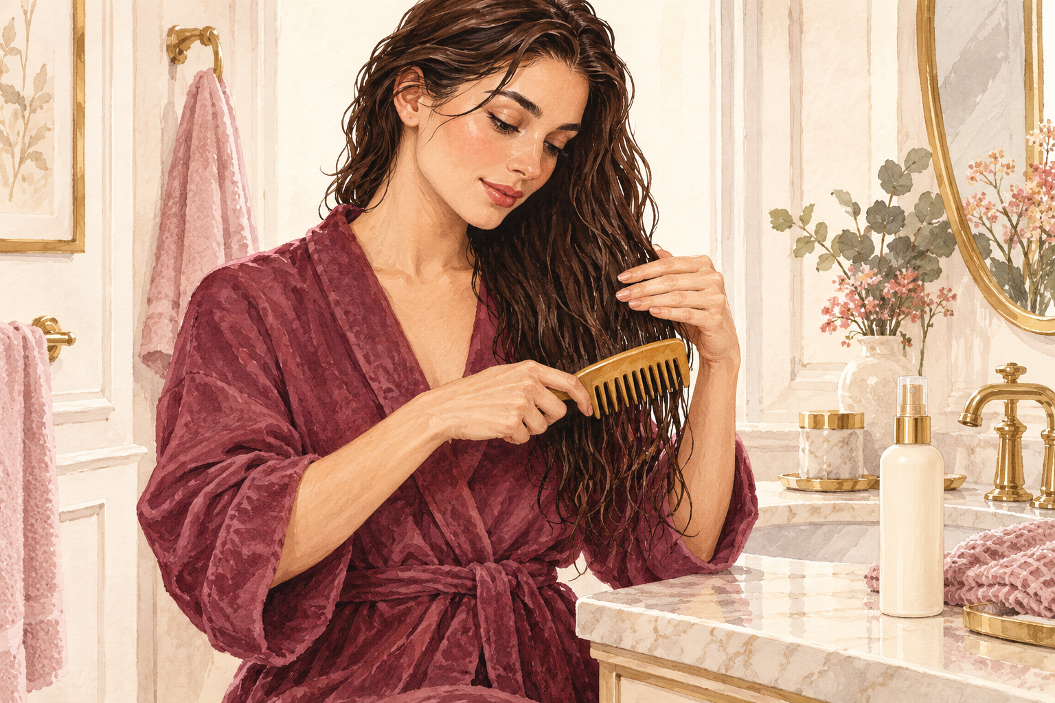 A wide-tooth comb moves through damp hair while the other hand supports the section and a plain spray bottle stands nearby.