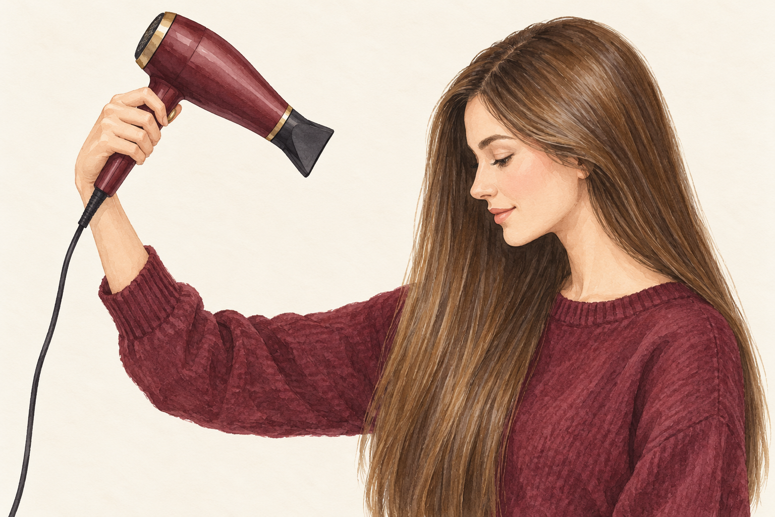 A woman holds a handheld dryer aimed down along her hair with a clear space between nozzle and hair.