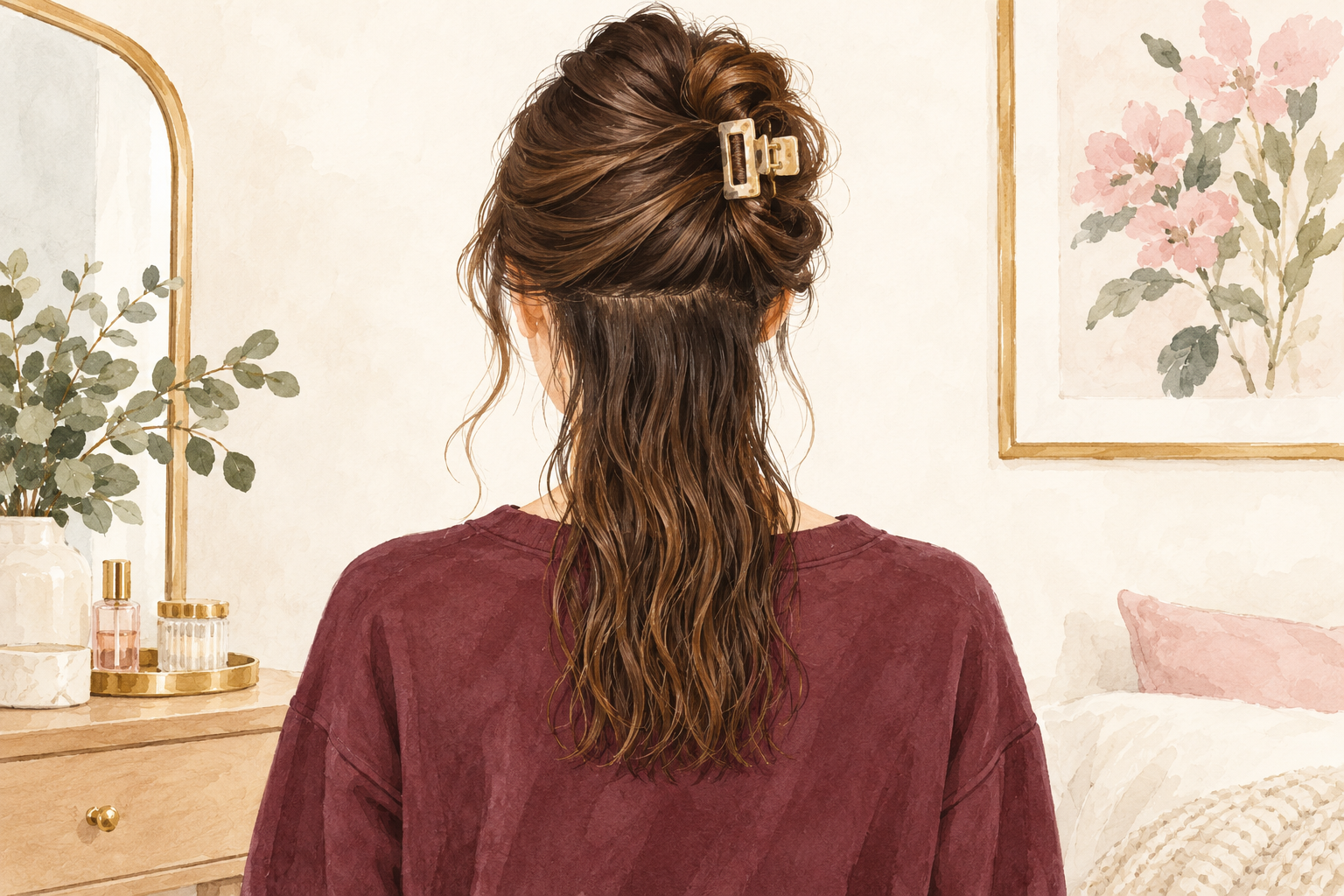 The upper hair is clipped up while the lower nape layer hangs loose.