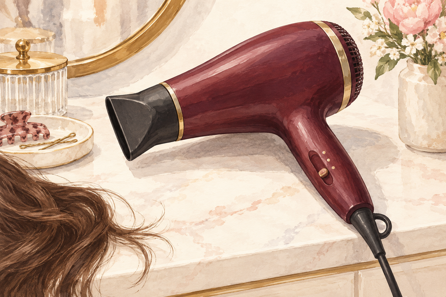 An intact handheld electric hair dryer rests on a vanity, with its nozzle, cord and control slider visible.