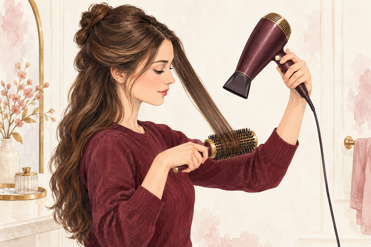 A round brush supports a straight hair section beside a handheld dryer with a control button.