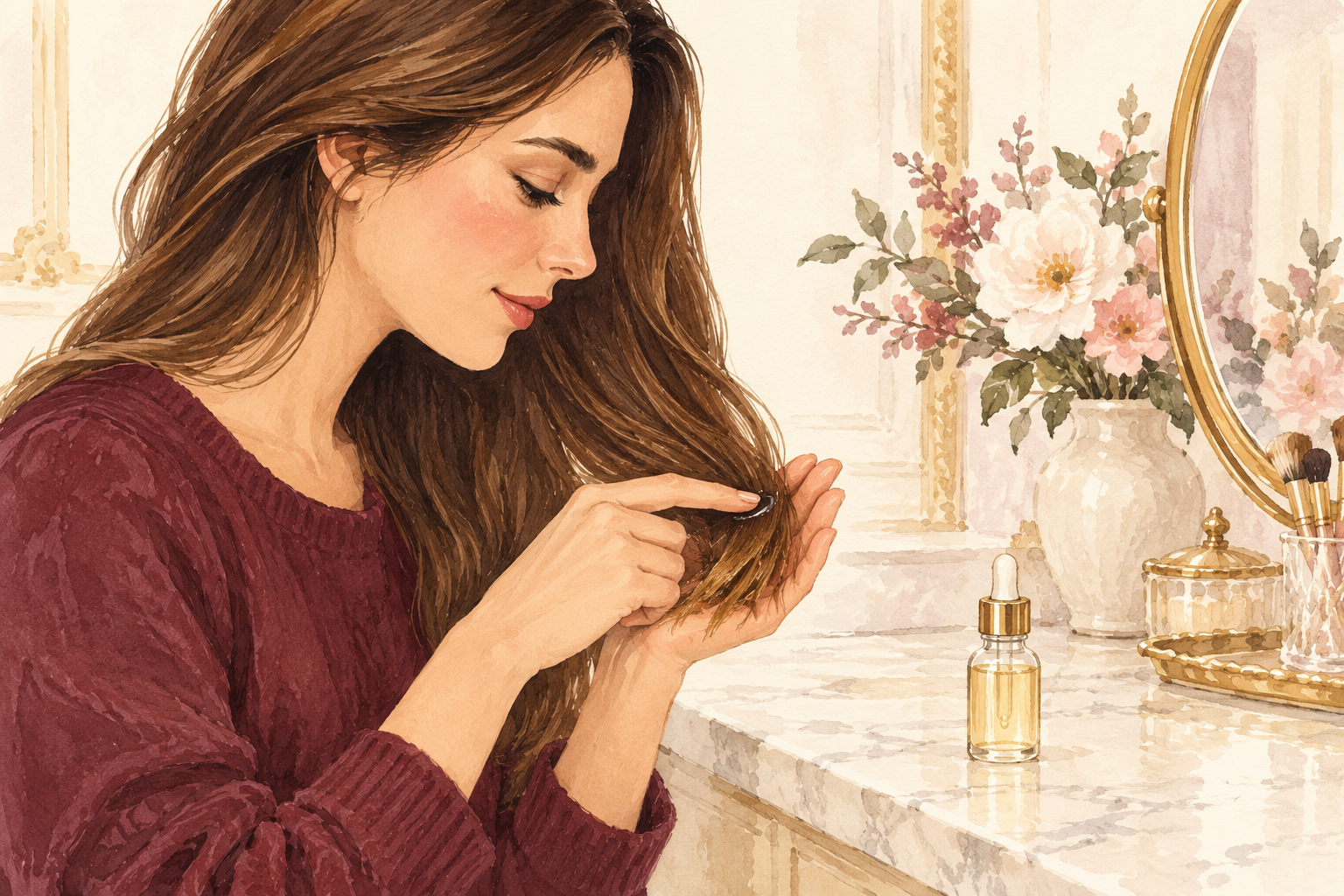 A woman smooths a tiny drop of serum onto attached hair ends while the roots remain untouched.
